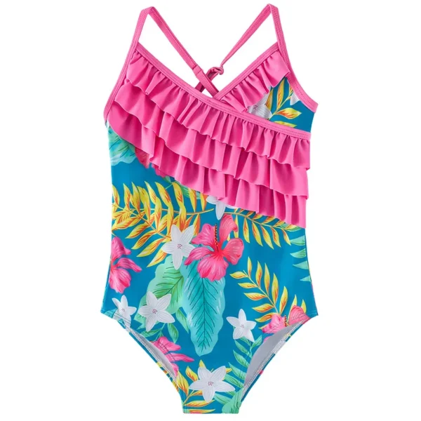 Summer Print Kids Swimwear For Girls 4-12 Years Lotus Leaf Bandage Girls Swimwear Beach Children One Piece suspender swimsuit 6