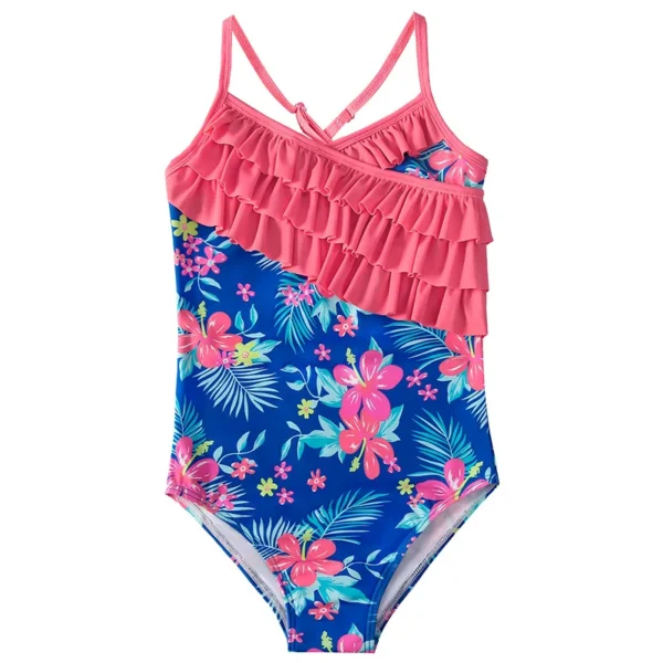 Summer Print Kids Swimwear For Girls 4-12 Years Lotus Leaf Bandage Girls Swimwear Beach Children One Piece suspender swimsuit 5