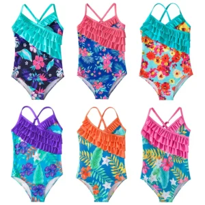 Summer Print Kids Swimwear For Girls 4-12 Years Lotus Leaf Bandage Girls Swimwear Beach Children One Piece suspender swimsuit 1