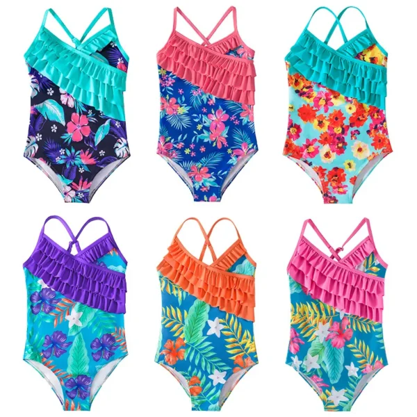 Summer Print Kids Swimwear For Girls 4-12 Years Lotus Leaf Bandage Girls Swimwear Beach Children One Piece suspender swimsuit 1