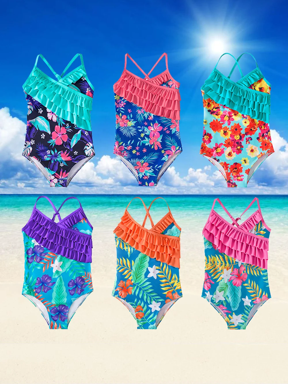 Summer Print Kids Swimwear For Girls 4-12 Years Lotus Leaf Bandage Girls Swimwear Beach Children One Piece suspender swimsuit 18
