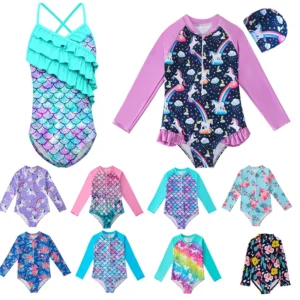 Cute Toddler Baby Girl Swimwear Long Sleeve Unicorn Infant Bathing Suits Bright Ruffle Mermaid Swimsuit Kids One Piece Beachwear 1
