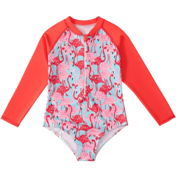 Kid Girls Romper Swimsuit Rash Guard Beachwear Long Sleeve V Neck Floral Flamingo Print Swimwear Bathing Suit 1